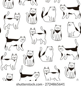 Patrón sin fisuras con gatos de contorno. Gatos divertidos en diferentes poses. Ilustración vectorial gráfica plana aislada sobre fondo blanco. Estampado monocromo con gatos.