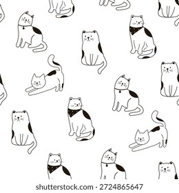 Seamless pattern with outline cats. Funny cats in different poses. Flat graphic vector illustration isolated on white background. Monochrome print with cats.