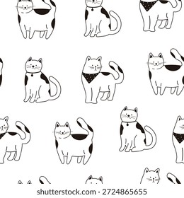 Padrão perfeito com gatos contorno. Gatos engraçados em poses diferentes. Ilustração vetorial gráfica plana isolada em fundo branco. Impressão monocromática com gatos.