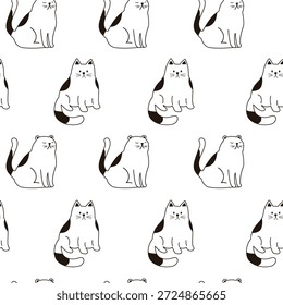 Padrão perfeito com gatos contorno. Gatos engraçados em poses diferentes. Ilustração vetorial gráfica plana isolada em fundo branco. Impressão monocromática com gatos.