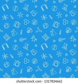 Seamless pattern with outline Chemistry Laboratory Equipment white icons on blue background 