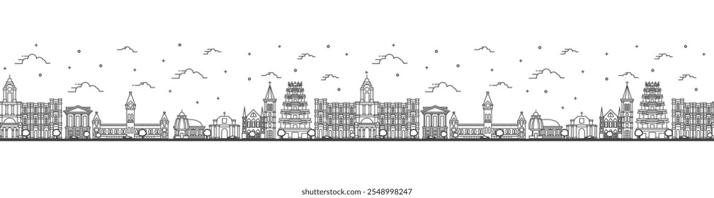 Padrão contínuo com contorno Chennai Índia City Skyline com edifícios históricos isolados em branco. Ilustração de vetor. Vista da cidade de Chennai com pontos de referência.