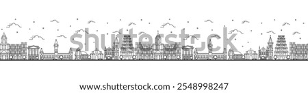 Seamless pattern with outline Chennai India City Skyline with Historic Buildings Isolated on White. Vector Illustration. Chennai Cityscape with Landmarks.