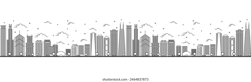 Seamless pattern with outline Chicago Illinois City Skyline. Modern Buildings Isolated on White. Vector Illustration. Chicago Cityscape with Landmarks. 