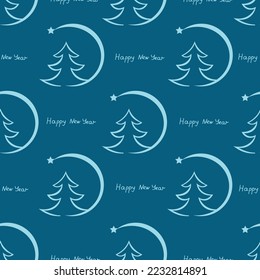 Seamless pattern with outline Christmas tree with a crescent moon and a star at the end with inscription Merry Christmas and Happy New Year. Creative and stylish greeting card. Muslim New Year.