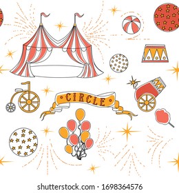 Seamless pattern of outline circus icons collection, linear style flat vector illustration on white background