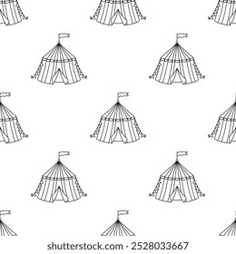 seamless pattern with outline circus tent with flags on white background, flat repeat backdrop for nursery, paper or coloring page