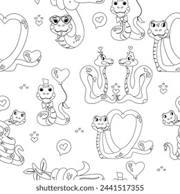 Seamless pattern outline color book cartoon character Valentines day snake 