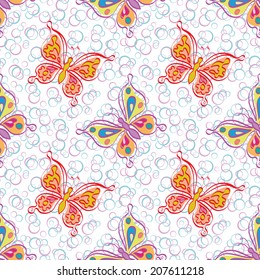Seamless pattern, outline colorful butterflies on abstract background. Vector