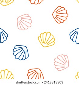 Seamless pattern with outline colorful seashell
