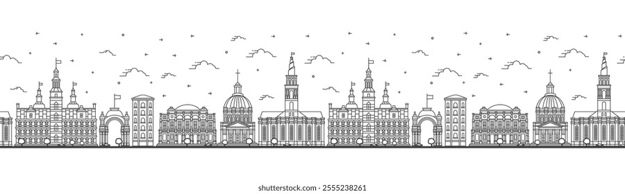 Seamless pattern with Outline Copenhagen Denmark City Skyline with Historic Buildings Isolated on White. Vector Illustration. Copenhagen Cityscape with Landmarks.