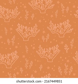 Seamless pattern with outline coral on light brown background. Sea digital background with vector hand drawn elements. Seamless pattern for kids fabric, textile and scrapbook paper.