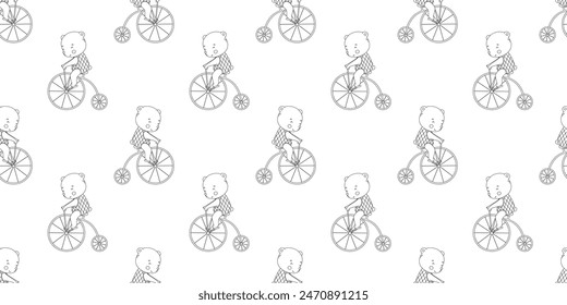 Seamless pattern with outline cute baby circus bear on bicycle on white background. Hand drawn repeat backdrop for nursery, kids and baby.