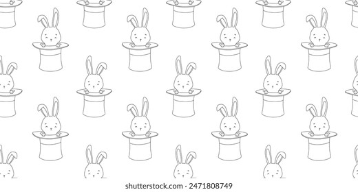 Seamless pattern with outline cute bunny in magic hat on white background. Hand drawn repeat backdrop for nursery, kids and baby.