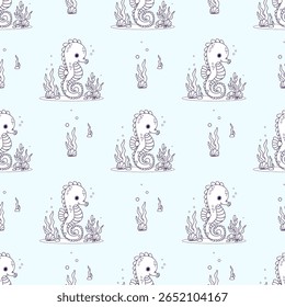 Padrão Perfeito. Contorno bonito Cartoon Sea Seahorse com algas e fundo do mar em azul claro Fundo. Ilustração de vetor. Desenho de linha. Coleção Kids. Não é IA
