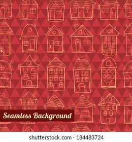 Seamless pattern outline cute houses on geometric background