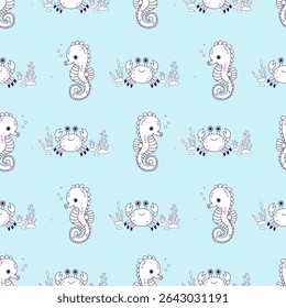 Padrão Perfeito. Contorno de bonito mar Seahorse e caranguejo com algas em azul claro Fundo. Ilustração de vetor. Desenho de linha. Coleção Kids