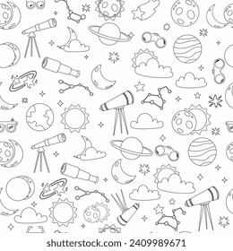 Seamless pattern outline cute solar eclipse in flat cartoon style