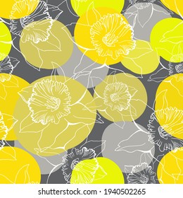 Patrón sin inconvenientes con contorno Daffodils en colores de moda Iluminación Amarilla y fondo de manchado de Gris Ultimate. Flores florales de moda narcisos en flor para textiles, papel pintado, ropa de cama.
