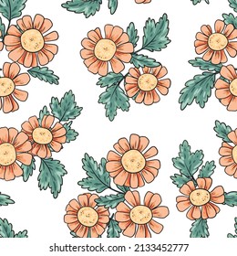 Seamless pattern with outline daisies. Delicate spring print with pastel flowers, leaves. Romantic floral surface with hand drawn plants on a white background. Vector illustration.