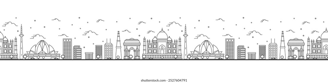 Nahtloses Muster mit Umriss Delhi India City Skyline mit historischen Gebäuden isoliert auf Weiß. Vektorgrafik. Stadtlandschaft von Delhi mit Sehenswürdigkeiten.