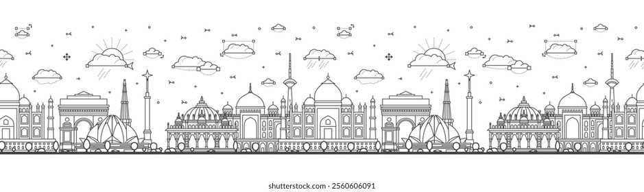 Seamless pattern with Outline Delhi India City Skyline with Historic Buildings Isolated on White. Vector Illustration. Delhi Cityscape with Landmarks.