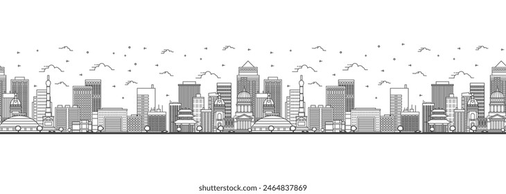 Seamless pattern with outline Des Moines Iowa City Skyline. Modern Buildings Isolated on White. Vector Illustration. Des Moines USA Cityscape with Landmarks. 