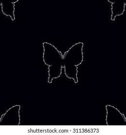 Seamless pattern with outline diamonds butterfly on black background. Vector decorative illustration. 