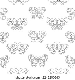 Seamless pattern outline of different butterflies 
