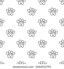 Seamless pattern. Outline dog paw with heart. Vector design. Hand drawn illustration.