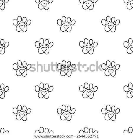 Seamless pattern. Outline dog paw with heart. Vector design. Hand drawn illustration.