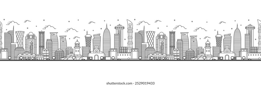 Nahtloses Muster mit Umriss Doha Qatar City Skyline mit modernen Gebäuden isoliert auf Weiß. Vektorgrafik. Stadtlandschaft von Doha mit Sehenswürdigkeiten.