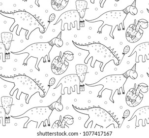 Seamless pattern with outline doodle dinosaurs and dots. Cute vector illustartion, ideal for design of wrapping paper, kids room decoration,  greeting cards.