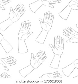 Seamless pattern of outline doodle hands. Palms in a greeting or giving gesture. For wrapping, scrapbooking paper, banners. Stock vector illustration isolated on white background.