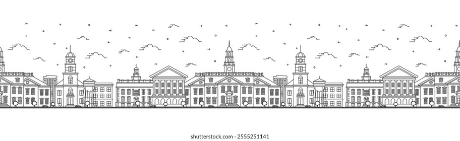 Seamless pattern with Outline Dover Delaware City Skyline with Historic Buildings Isolated on White. Vector Illustration. Dover USA Cityscape with Landmarks.