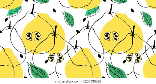 Seamless pattern with outline drawing of apple quince. Backdrop with fruits, leaves and seeds. Tropical background with silhouette of pear.