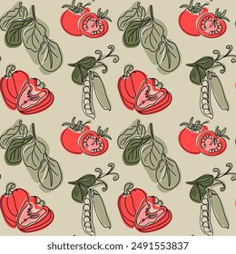 Seamless pattern with outline drawing of organic vegetables in boho style. Tomatoes, green peas and red bell pepper drawings. Vegan food concept on light green background.