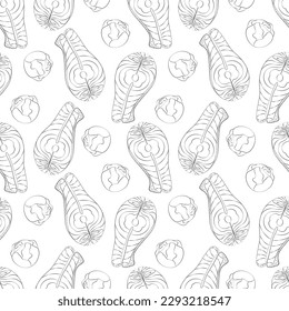 Seamless pattern of Outline drawing of salmon steak and head of brussels sprouts. Healthy eating day