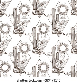 Seamless pattern from outline drawings of cacti. Background with a desert landscape.