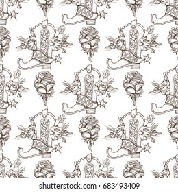 Seamless pattern from outline drawings of a cowboy boot and flowers.