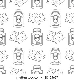 Seamless pattern with outline drawings crackers and jar of coffee.