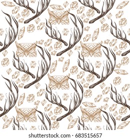 Seamless pattern from outline drawings of deer skulls.