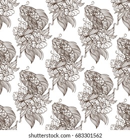 Seamless pattern from outline drawings of koi carp in peonies.
