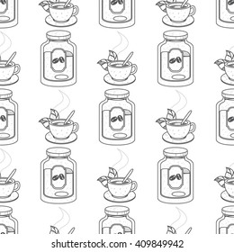 Seamless pattern with outline drawings on the theme of coffee. A cup of hot coffee or tea and jar of coffee.