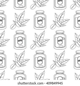 Seamless pattern with outline drawings on the theme of coffee. Jar of coffee and coffee beans.