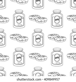 Seamless pattern with outline drawings on the theme of coffee. Donuts and jar of coffee.