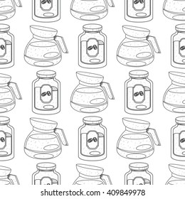 Seamless pattern with outline drawings on the theme of coffee. Jar of coffee and a teapot.