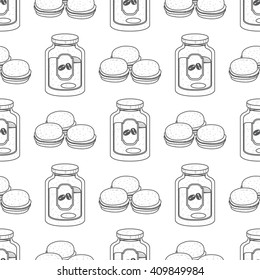 Seamless pattern with outline drawings on the theme of coffee. Macaroon and jar of coffee.