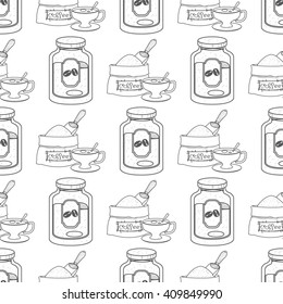 Seamless pattern with outline drawings on the theme of coffee. Jar of coffee and a bag of coffee beans.