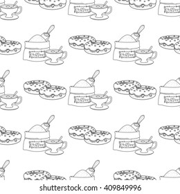 Seamless pattern with outline drawings on the theme of coffee. Donuts and a bag of coffee beans.